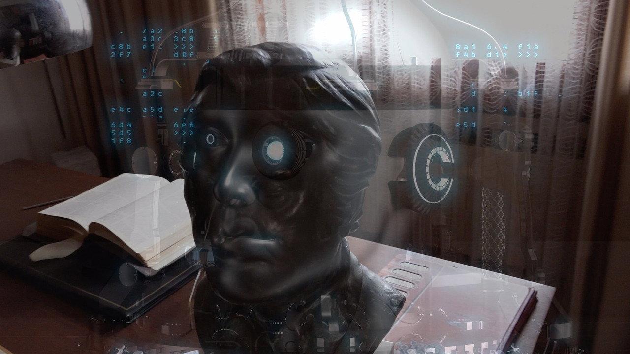 Bronze bust, digital guard backdrop